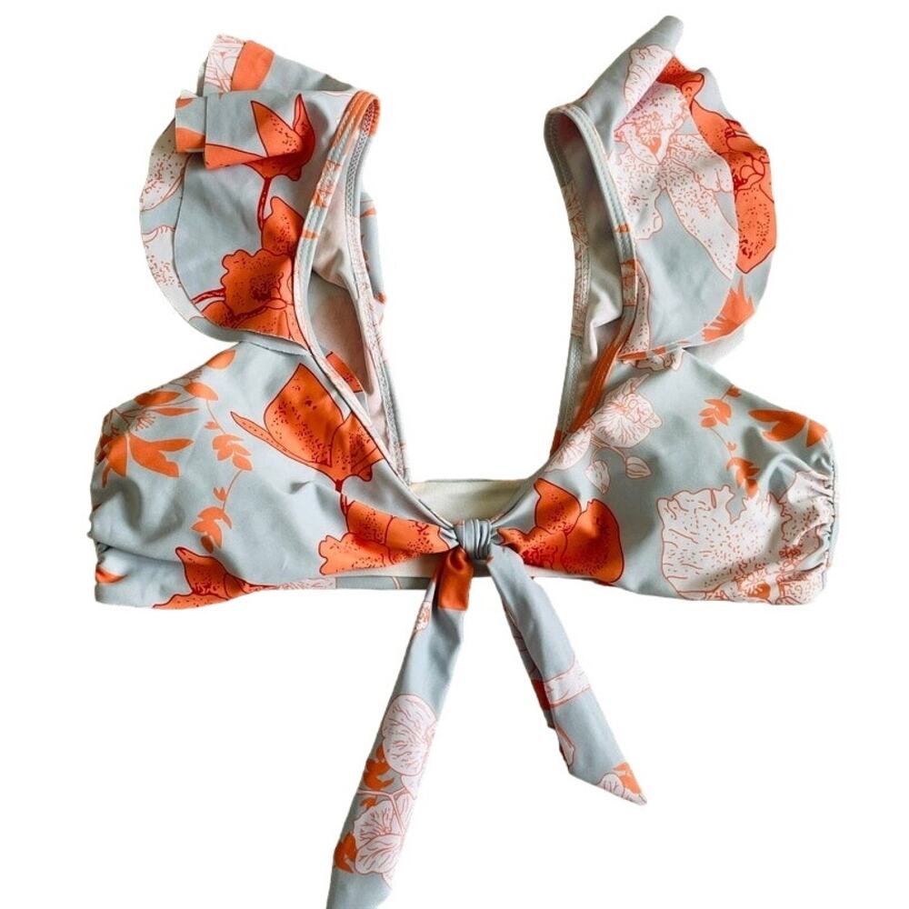 Coral Blue White Floral Ruffle Bikini Top